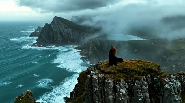 A Celtic woman in a flowing dark garment stands on a rugged cliff overlooking a wild stormy ocean. Her red hair blows freely. Ethereal Romantic era solitude.