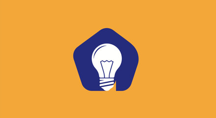 A white lightbulb inside a dark blue shape on an orange background, graphic illustration