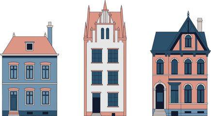 Black and white Amsterdam canal houses illustration, traditional Dutch architecture silhouettes, historic European buildings, classic cityscape design, vintage urban artwork