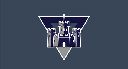 A castle illustration enclosed by triangles. Dark blue, white, and gray tones used