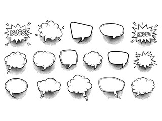This hand-drawn comic speech bubble set features a collection of retro manga-style text balloons with bold outlines, halftone shading, and expressive shapes. The set includes various bubble styles 