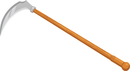 Traditional scythe with curved silver blade, wooden handle, metal collar, agricultural tool, harvesting equipment, folklore symbol, vector illustration