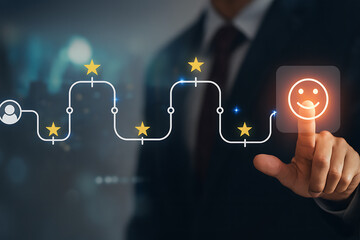 A businessman in a suit touching a glowing smiley face icon representing customer satisfaction and excellent service experience journey with star rating checkpoints on a dark blue digital background