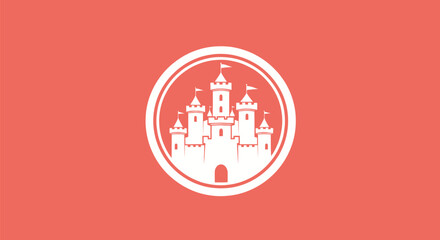A white castle icon encircled on a coral background. Flags atop towers within a white outline © gudangPIXEL