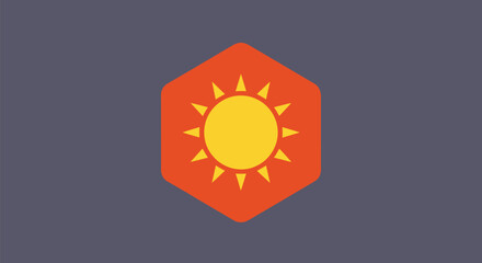 A stylized sun symbol inside a hexagon, set against a dark grey background