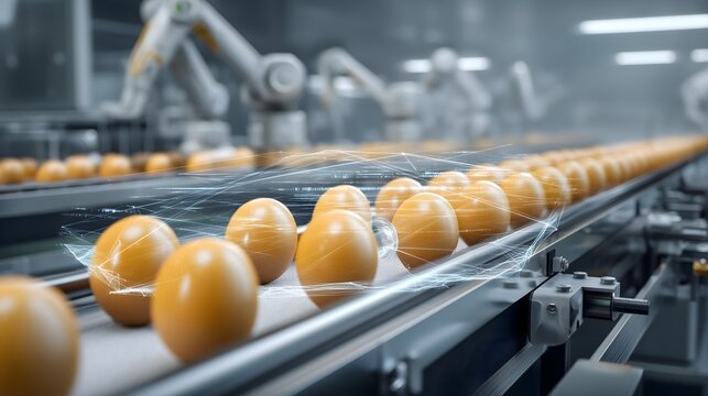 AI powered egg production line with robotic automation and smart quality control in modern food factory