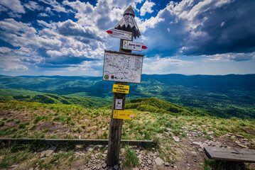 Sign near Smerek peak located in Wetlina Polonyna montane meadow in Bieszczady Mountains, Poland