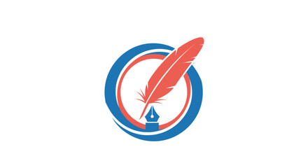 A stylized logo with a feather pen, red and blue circles, on a white background