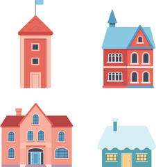 Cute cartoon house illustration set with colorful buildings, whimsical tower home, cozy cottage, charming residential architecture, playful town clipart artwork