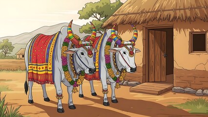 Pongal Festival - Decorated oxen in front of a rural hut