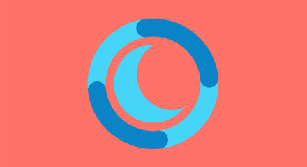 A stylized logo features a crescent moon inside a broken ring, set against a coral backdrop