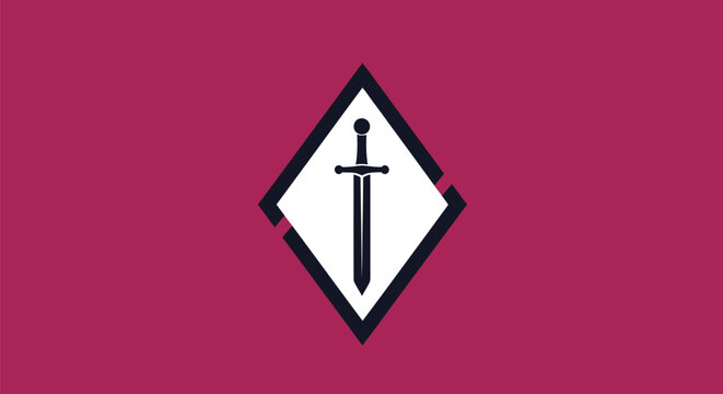 A burgundy flag with a white diamond containing a sword inside a darker diamond