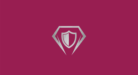 A diamond shape encloses a shield icon, against a dark magenta background