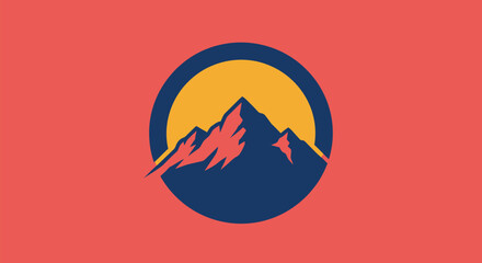 A stylized mountain range silhouetted against a sun within a blue circle on a red background