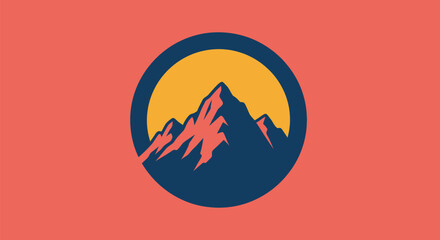 Geometric illustration featuring a stylized mountain range inside a circle against a coral background