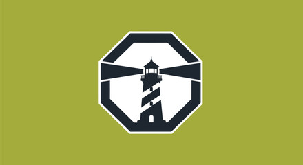 A lighthouse silhouette within an octagon, centered on a muted green background