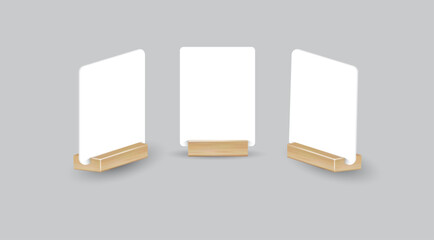 Card table menu holder stand mockup. Paper flyer mock up template. Event promotion wooden frame. Restaurant label. Vector