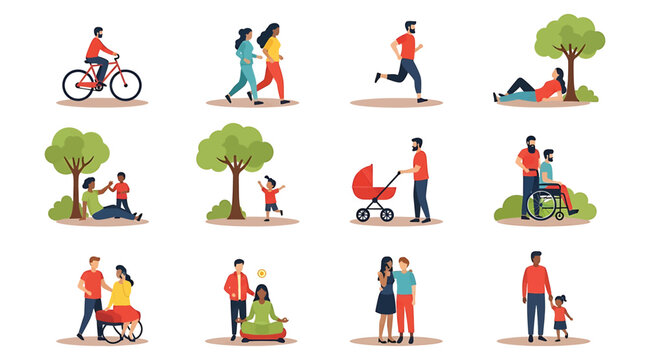 Inclusive Outdoor Activities in Park Setting &mdash; Twelve Illustrated Scenes Featuring Diverse Individuals Engaged in Biking, Walking, Reading, Jogging, and Relaxing in Nature with Trees and Grass
