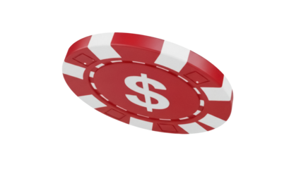 Red and white casino chip with dollar sign isolated PNG, gambling token for poker games and betting on transparent background