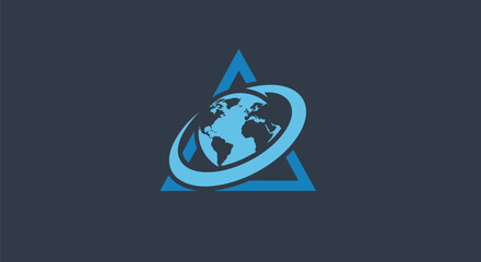 A blue-toned globe within a triangle and an orbiting ring, all against a dark background © gudangPIXEL
