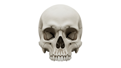 Human skull isolated PNG on transparent background, anatomical bone structure for medical study and Halloween design, detailed cranium