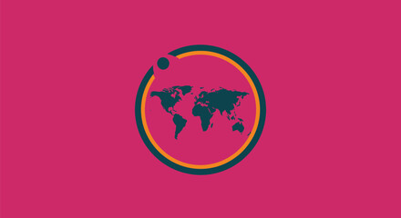 A world map encased within a circle, with a dot outside on a magenta backdrop