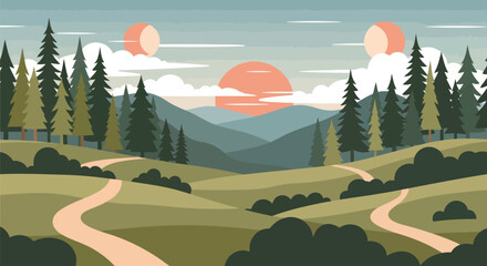 Stylized landscape with trees, paths, and mountains under a pastel sky with two suns
