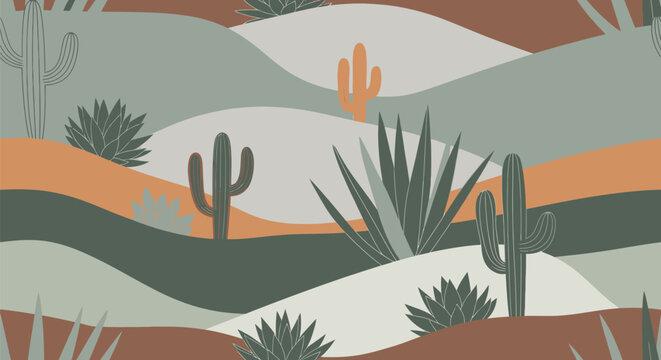 Flat design illustration showcasing desert landscape with cacti and succulents