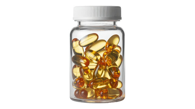Bottle of omega 3 fish oil capsules isolated on transparent background