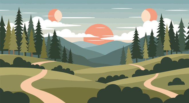 Stylized landscape with trees, paths, and mountains under a pastel sky with two suns