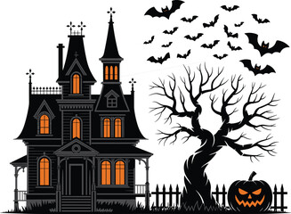 Haunted house with bats, spooky tree, jack-o’-lantern, Halloween night illustration, scary mansion silhouette, creepy autumn scene, gothic horror artwork