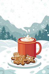  illustration template featuring a festive Thanksgiving and Christmas background with snowflakes gently falling, a steaming mug of hot chocolate  with png Transparent 