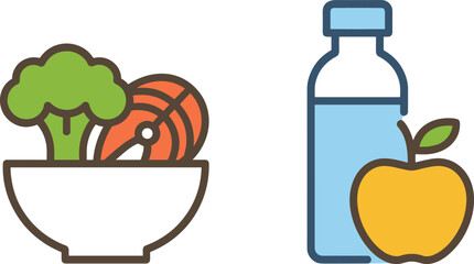 Healthy food icons, salad bowl with vegetables and salmon, water bottle with apple, clean eating illustration, nutrition symbols, minimalist vector design