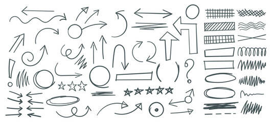 Hand Drawn Charcoal Pencil Arrows and Scribble Circle Boxes - Vector Texture Design Elements with Curved Chalk Darts and Crayon Check Lines