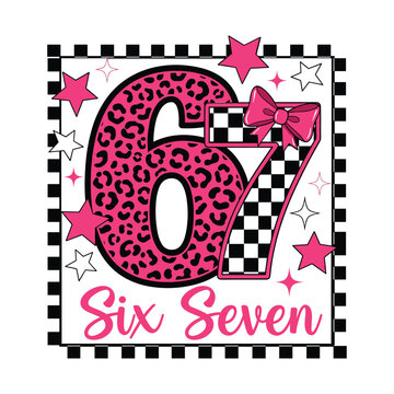 Pink leopard and checkerboard 67 Six Seven birthday design with bold animal print number 6, checkered pattern number 7, bow, stars and checkered border