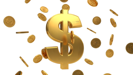 Golden dollar sign with falling coins a symbol of wealth on transparent background