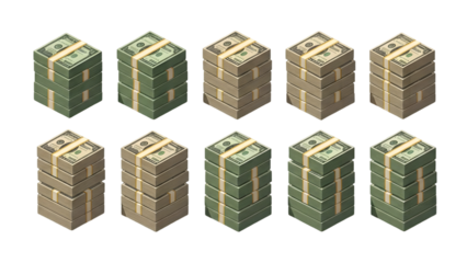 Isometric stacks of money cash bundles in a repeating pattern on transparent background