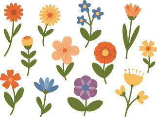 Minimalist flower illustration set, cute botanical clipart, spring floral elements, hand drawn wildflowers, simple vector plants, decorative garden graphics