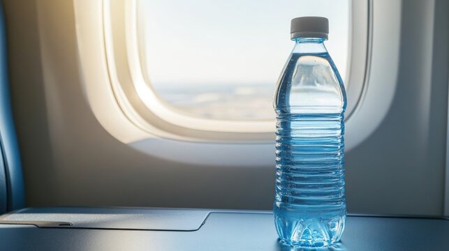 Bottled mineral water placed on tray table next to airplane window. Drink water to stay hydrated.