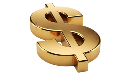 A realistic golden dollar sign symbol 3d render on transparent background