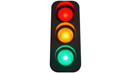 Traffic light with red, yellow, and green lights isolated PNG, road safety and transportation equipment on transparent background
