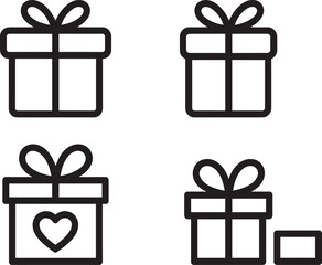 Minimalist gift box icon set, black and white present symbols, holiday celebration icons, simple outline gifts, vector illustration pack