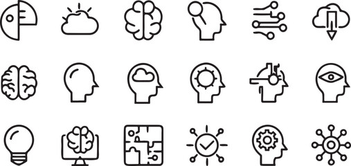 Vector set of artificial intelligence and machine learning line icons illustrating brain data and innovation concepts for digital technology and business applications