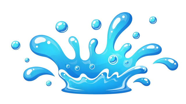 Cartoon style blue water splash with bubbles, graphic element for refreshing designs