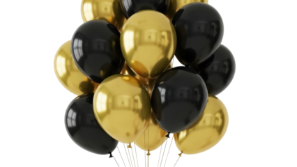 Bunch of black and gold balloons isolated PNG, party decoration for birthday celebration and festive events on transparent background
