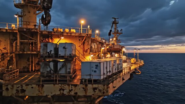 Rusty oil platform operates at dusk over ocean with crane. Offshore rig shows rust on illuminated platform. Oil rig with rust works at sea. Platform crane lifts equipment on rusty offshore rig.