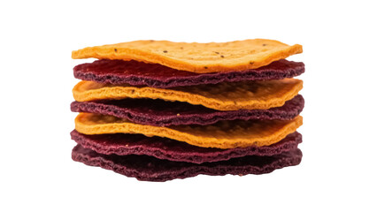 Stack of colorful vegetable chips PNG isolated on transparent background, healthy snack food made from purple sweet potato and orange carrot