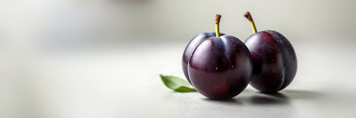 Fresh purple plums with green leaves on light background showcasing texture