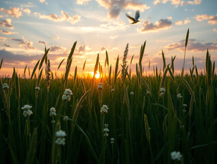 A bird flying over a field of tall grass and wildflowers during a colorful sunset