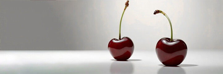 Two vibrant red cherries are placed on a smooth reflective surface, illuminated by soft lighting, creating a fresh and appetizing atmosphere